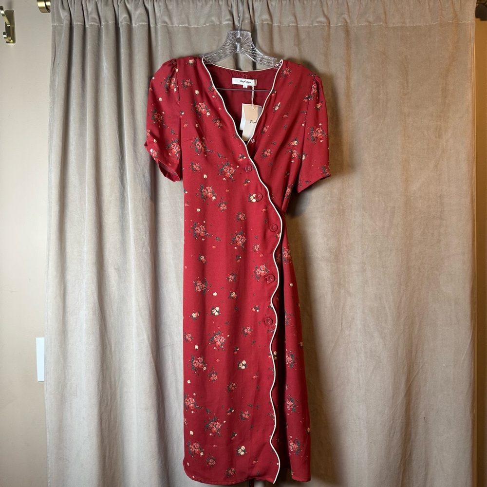 Vintage Style Red Floral Midi Wrap Dress New Cottagecore Simple Retro‎ Femme